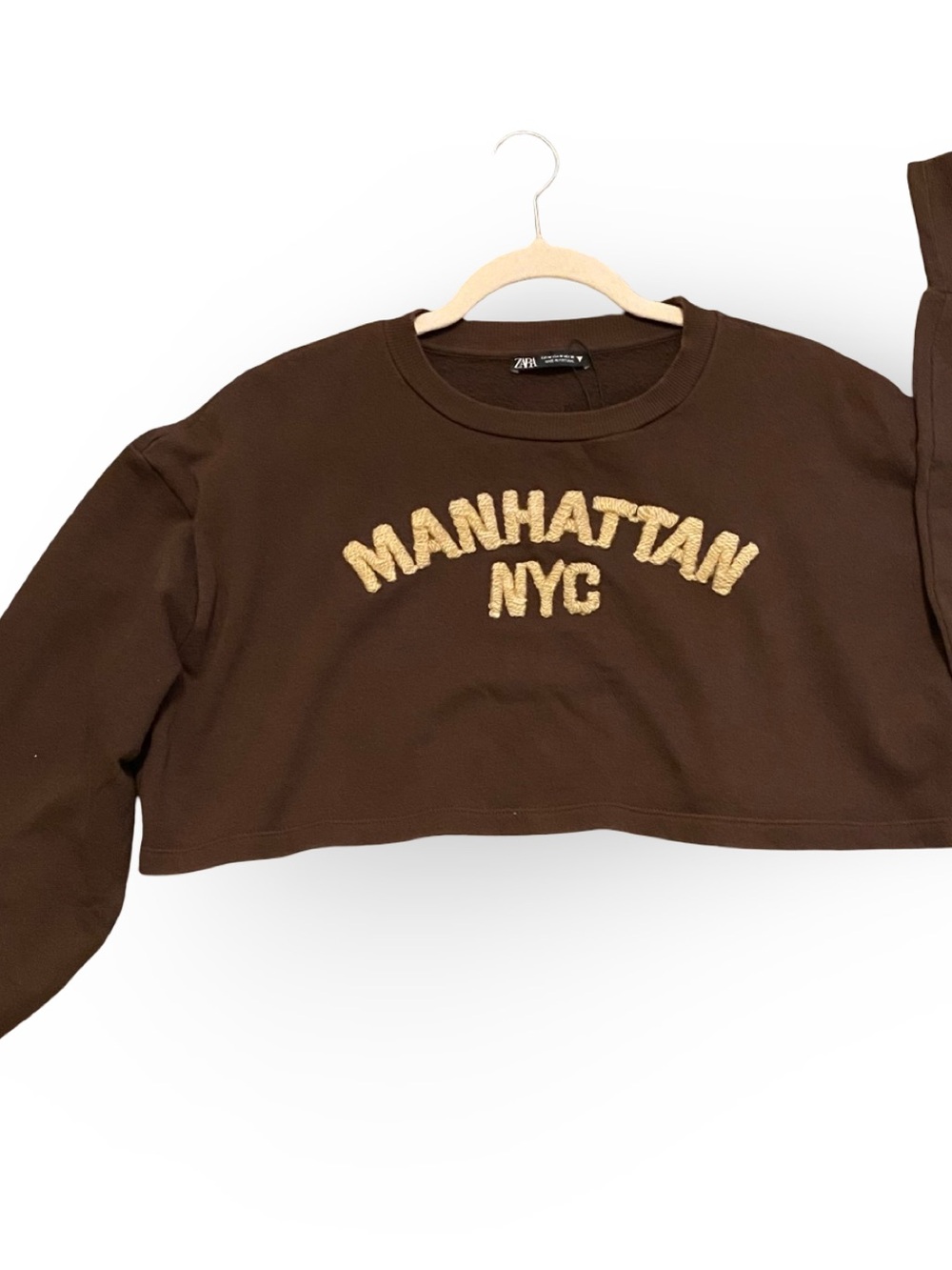 Zara Brown Cropped Crewneck- 'Manhattan NYC' Embroidery